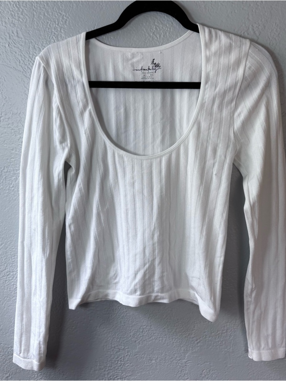 Free People White Ribbed Scoop-Neck Long Sleeve Top